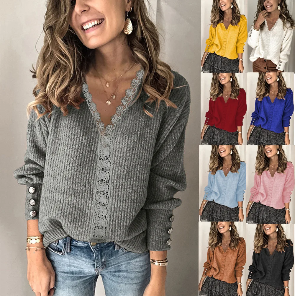 Autumn Winter Lace V-neck Pullover Women's Loose Solid Color Sweater Women Pull Automne Femme Knitted Sweater Women
Autumn Winter Lace V-neck Pullover Women's Loose Solid Color Sweater Women Pull Automne Femme Knitted Sweater Women