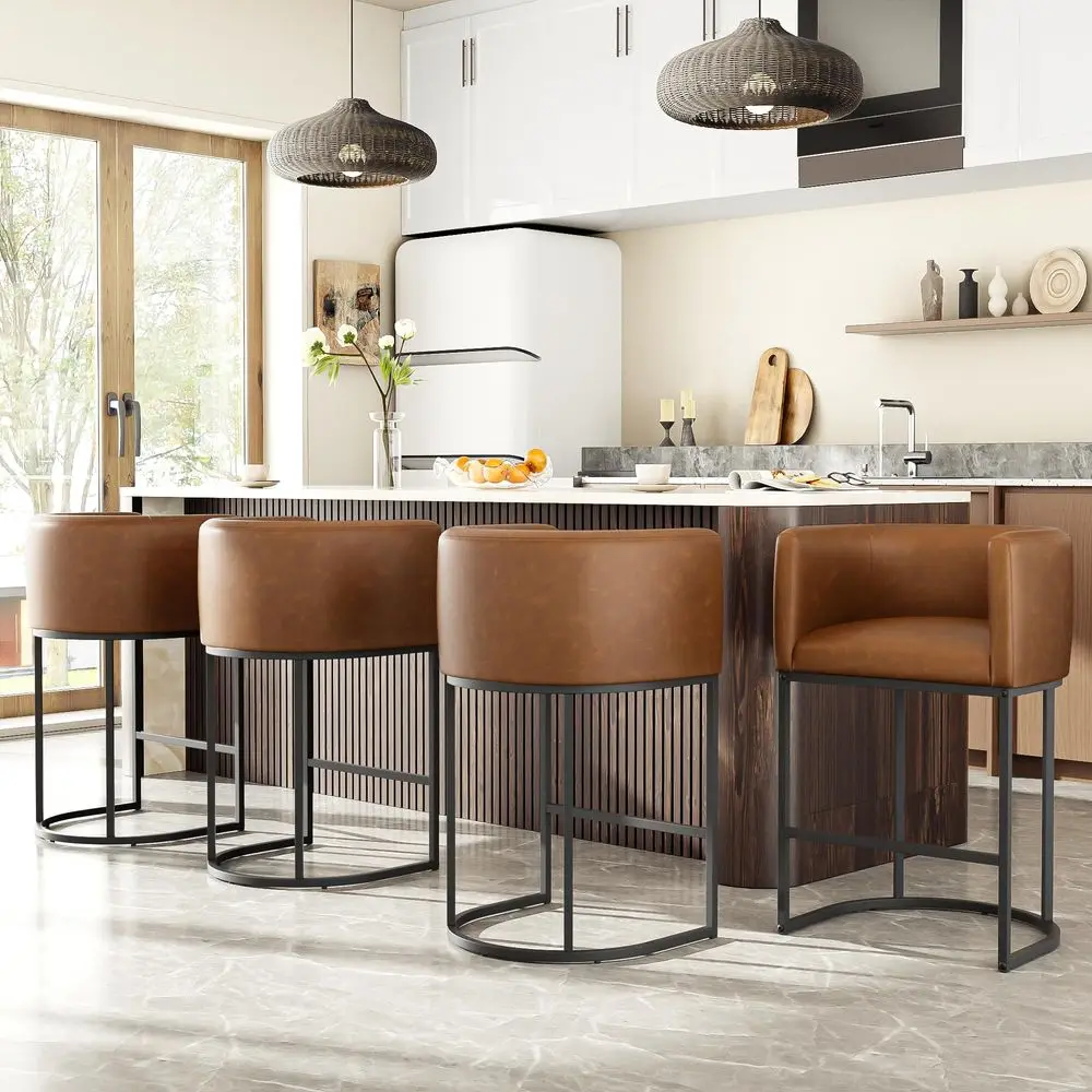 H Counter Height Bar Stools Set of 4, Modern Barrel Counter Stools with Backrest and Arms, Faux Leather Upholstered Accent Bars
H Counter Height Bar Stools Set of 4, Modern Barrel Counter Stools with Backrest and Arms, Faux Leather Upholstered Accent Bars