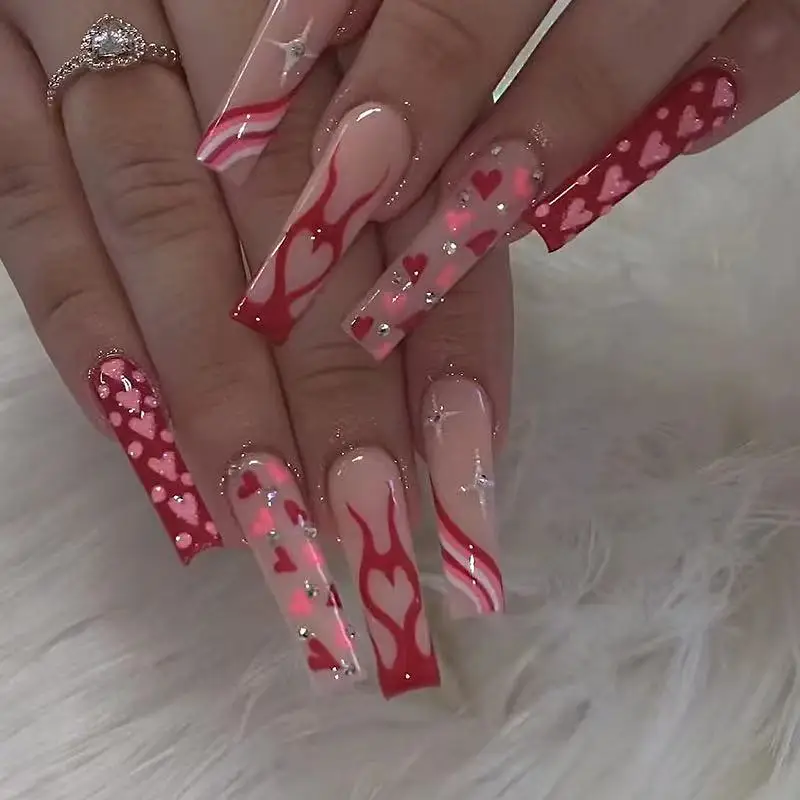 24pcs Gothic Red Fire Fake Nails Coffin French Love Heart Full False Nail Tip Cute Long Press on Nails with Glue for Parties
24pcs Gothic Red Fire Fake Nails Coffin French Love Heart Full False Nail Tip Cute Long Press on Nails with Glue for Parties