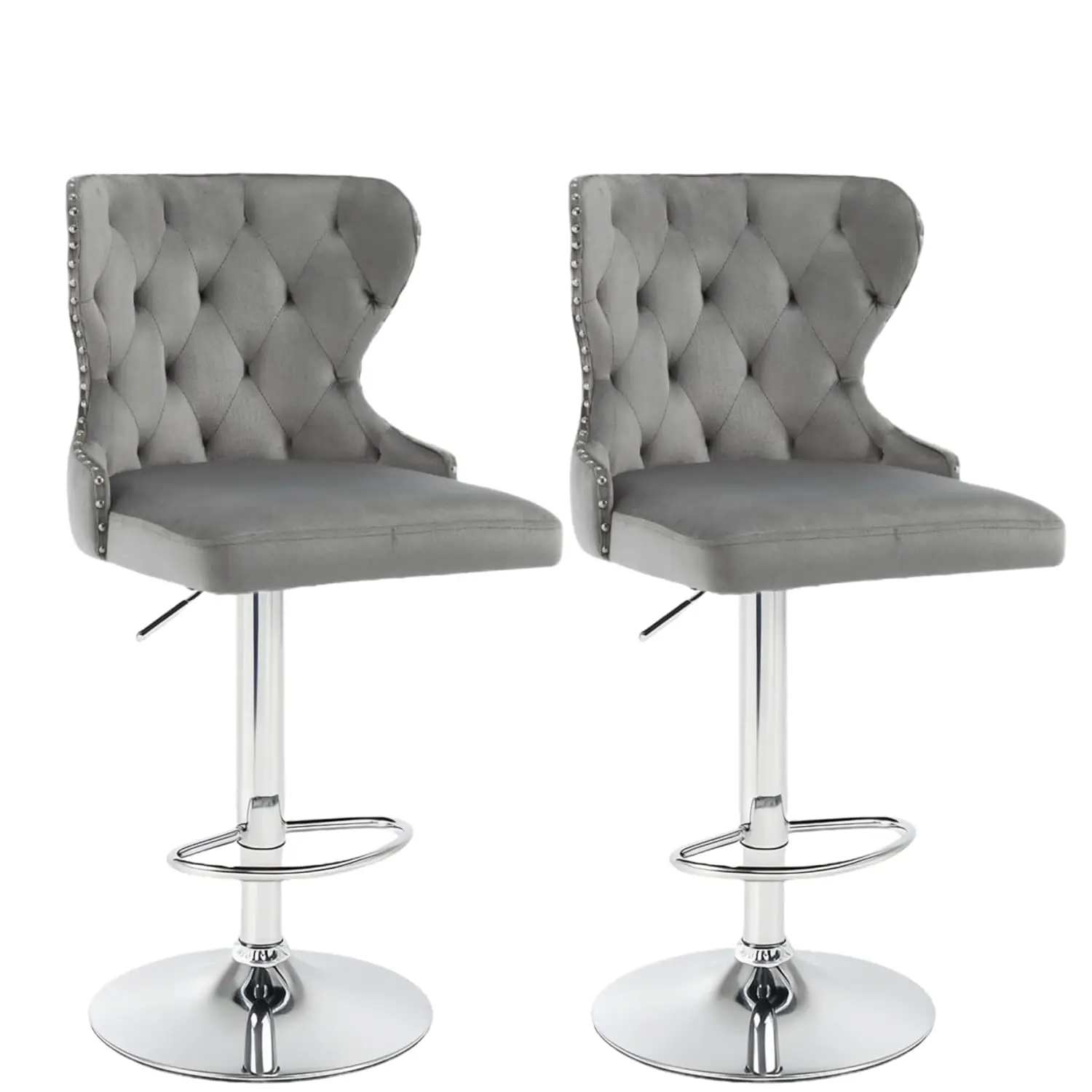 Set of 2 Adjustable Swivel Bar Stools, Velvet Upholstered Counter Height Chairs with Nailhead Trim, Silver, Customized
Set of 2 Adjustable Swivel Bar Stools, Velvet Upholstered Counter Height Chairs with Nailhead Trim, Silver, Customized