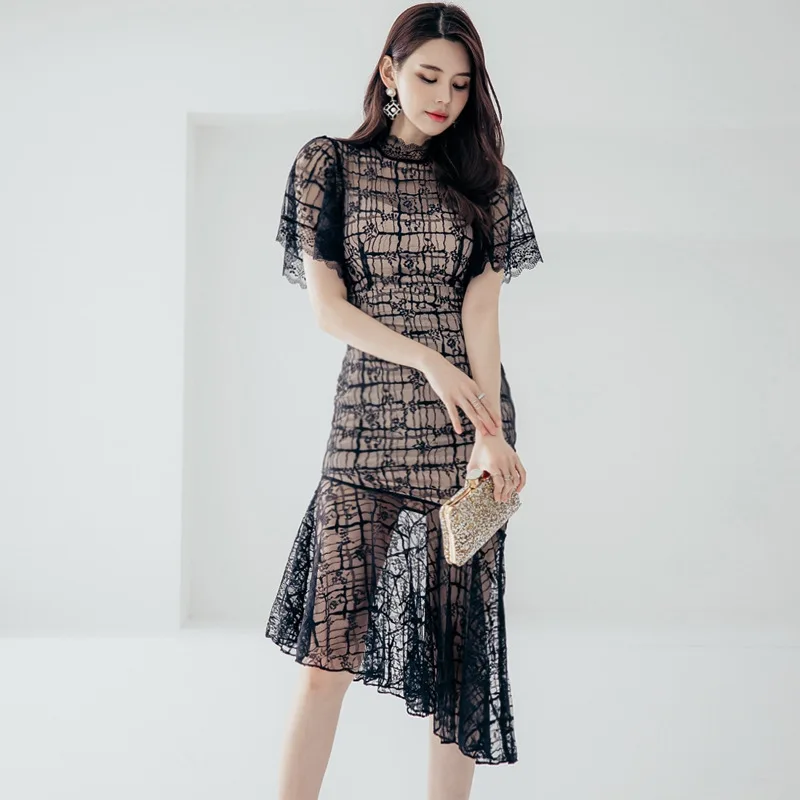 Latest Summer Collection Ladies Elegant Bodycon Lace Dress With Chic Floral Embroidery And Delicate Ruffled Hem Design
Latest Summer Collection Ladies Elegant Bodycon Lace Dress With Chic Floral Embroidery And Delicate Ruffled Hem Design