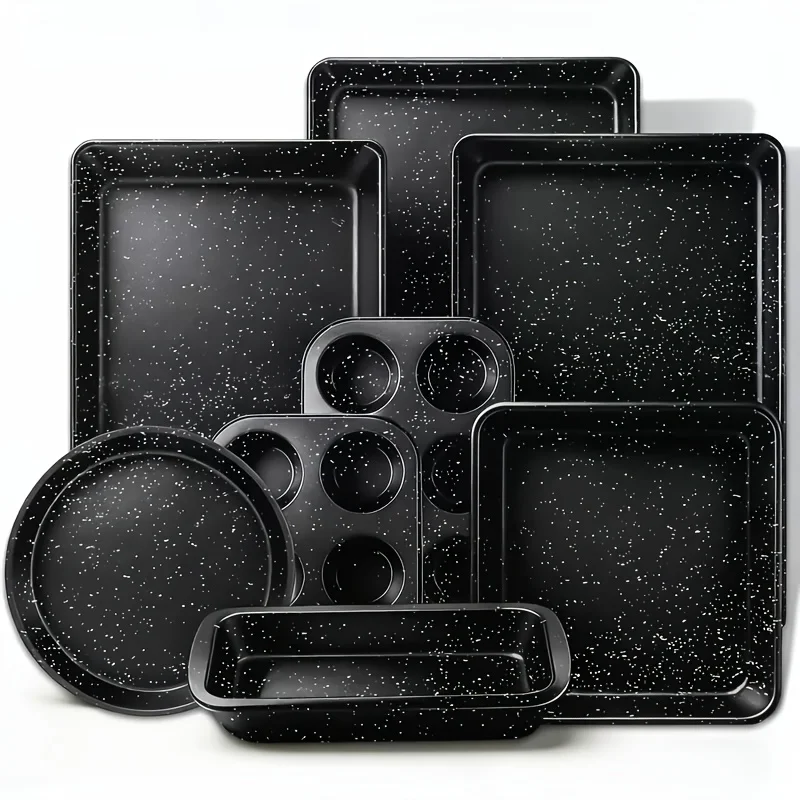 8pcs Heavy-Duty Non-Stick Stackable Baking Pan Set, Black Speckled - 0.6Mm Thick Carbon Steel Bakeware Cookie Sheet, Muffin Pan, Loaf Pan Cake Pan
8pcs Heavy-Duty Non-Stick Stackable Baking Pan Set, Black Speckled - 0.6Mm Thick Carbon Steel Bakeware Cookie Sheet, Muffin Pan, Loaf Pan Cake Pan