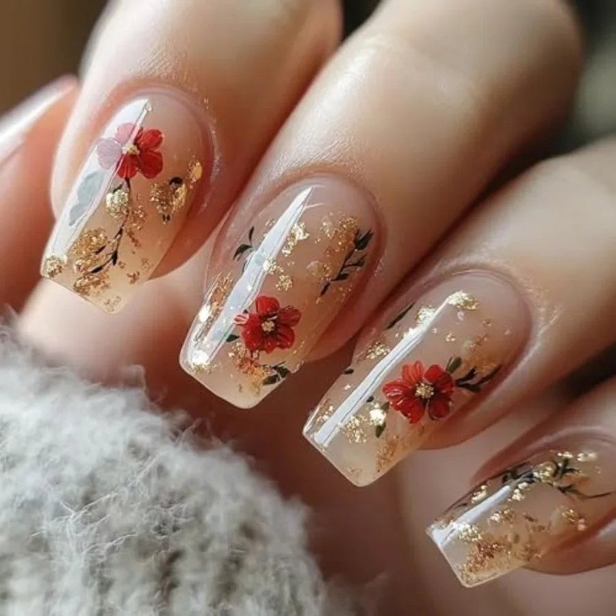 Flower Press on Nails Medium Ballet Shaped Gold Glitter Powder Flower Rose Pattern Design Full Cover Glossy Artificial Fingerna
Flower Press on Nails Medium Ballet Shaped Gold Glitter Powder Flower Rose Pattern Design Full Cover Glossy Artificial Fingerna