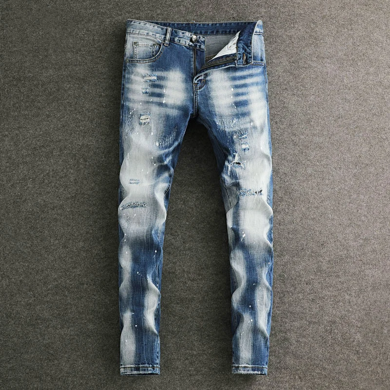 Street Fashion Men Jeans Retro Light Blue Stretch Slim Fit Patched Ripped Jeans Men Painted Designer Vintage Denim Pencil Pants
Street Fashion Men Jeans Retro Light Blue Stretch Slim Fit Patched Ripped Jeans Men Painted Designer Vintage Denim Pencil Pants