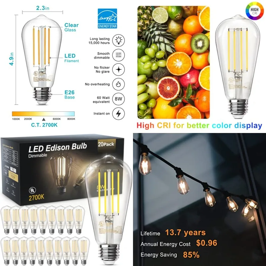 Vintage 8W ST58 LED Edison Light Bulbs, Dimmable, 60W Equivalent, 800Lumens,,E26 Base LED Filament Bulb, CRI80+, Antique Glass
Vintage 8W ST58 LED Edison Light Bulbs, Dimmable, 60W Equivalent, 800Lumens,,E26 Base LED Filament Bulb, CRI80+, Antique Glass