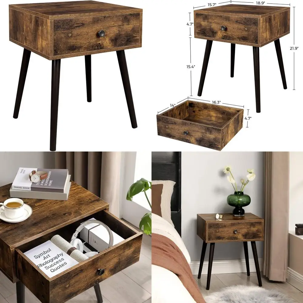 rustic brown drawer nightstand with tapered legs for bedroom, retro style side table
rustic brown drawer nightstand with tapered legs for bedroom, retro style side table