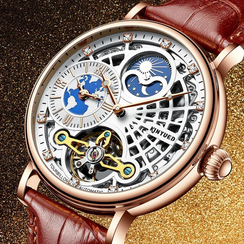 KINYUED Fashion Dual Time Zone Design Mechanical Watch Men Luxury Automatic Tourbillon Watches Mens Leather Skeleton Wristwatch
KINYUED Fashion Dual Time Zone Design Mechanical Watch Men Luxury Automatic Tourbillon Watches Mens Leather Skeleton Wristwatch