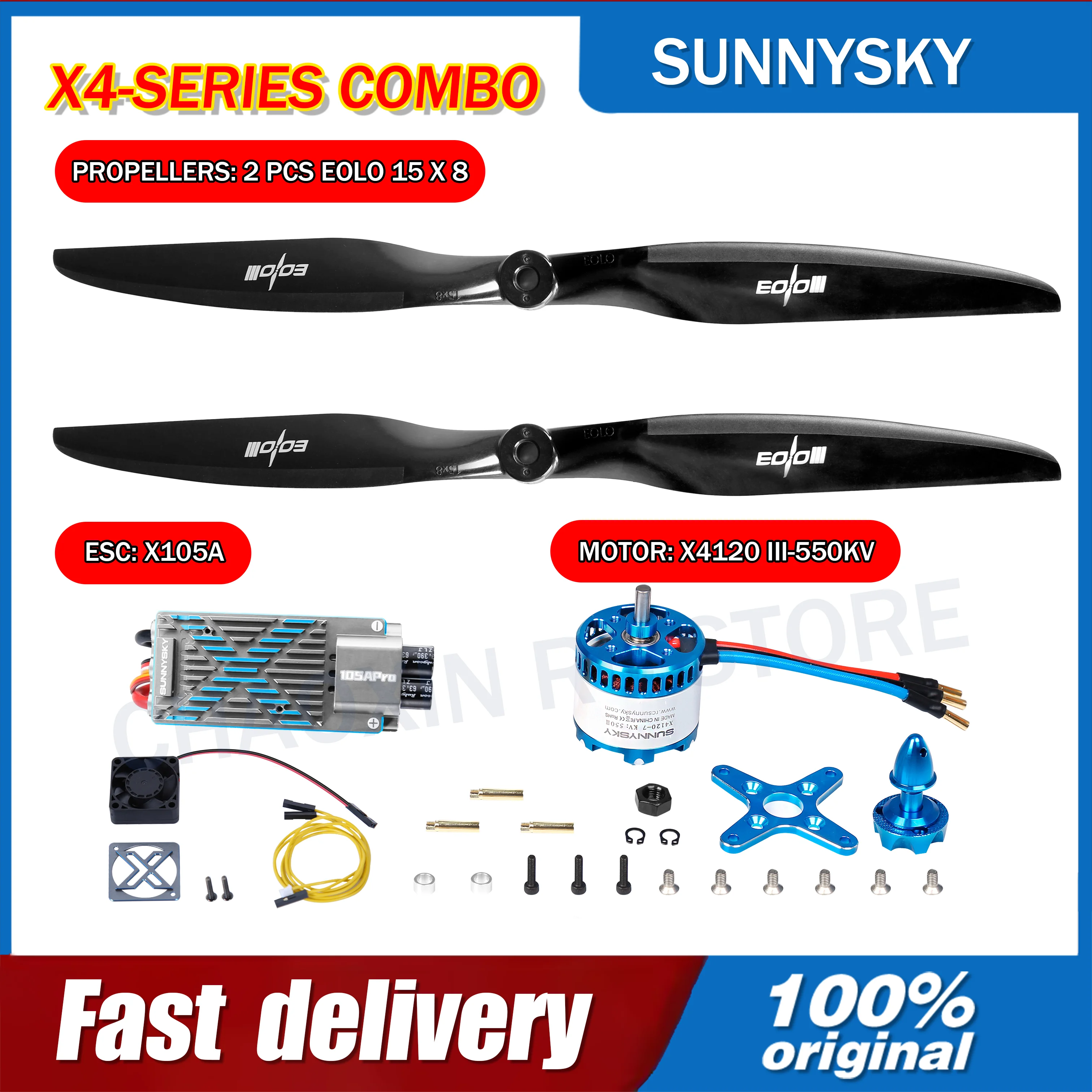SUNNYSKY Motor X4120 ESC X105A Propellers EOLO 15 x 8 X4-series Combo Appilication 3D Sport Airplane for agricultural drone
SUNNYSKY Motor X4120 ESC X105A Propellers EOLO 15 x 8 X4-series Combo Appilication 3D Sport Airplane for agricultural drone