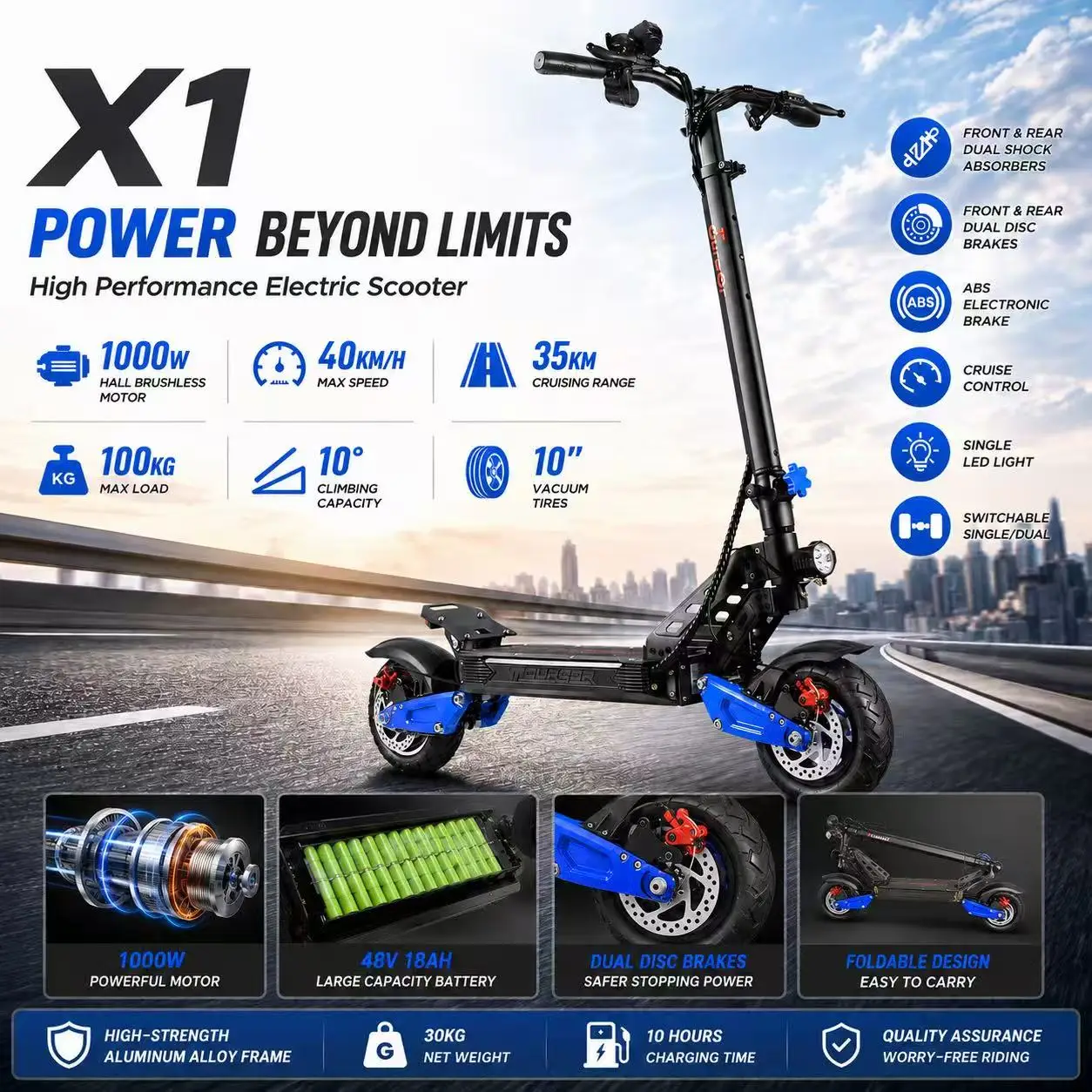 Heavy Duty X1 Electric Scooter 1000W Brushless Motor 100KG Max Load 35KM Range Dual Shock Absorption and Foldable Frame
Heavy Duty X1 Electric Scooter 1000W Brushless Motor 100KG Max Load 35KM Range Dual Shock Absorption and Foldable Frame