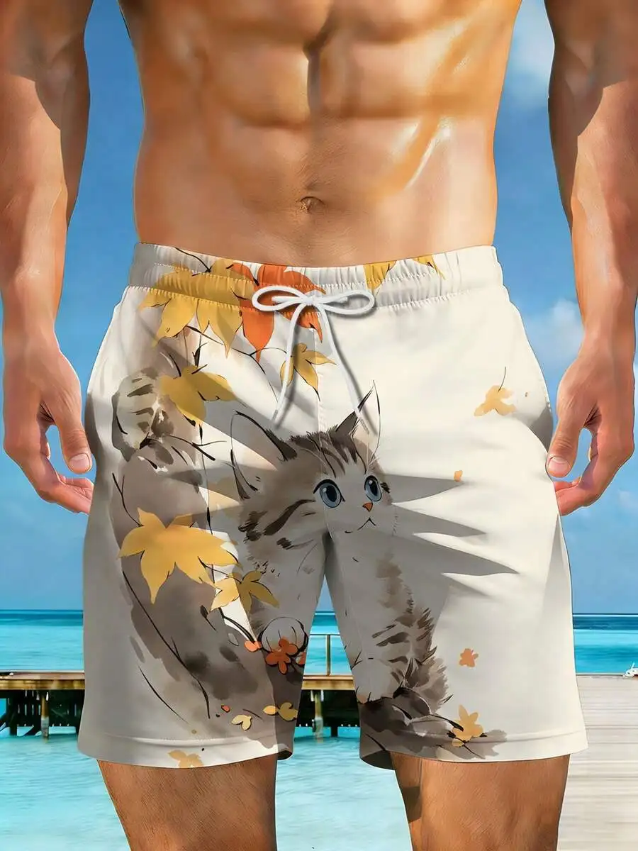 Mens Beach Shorts With 3D Cat And Autumn Leaves Print
Mens Beach Shorts With 3D Cat And Autumn Leaves Print
