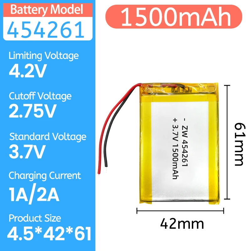 Высококачественный литий-полимерный аккумулятор 454261 3.7V 1500mAh для медицинского оборудования и массажных устройств
Высококачественный литий-полимерный аккумулятор 454261 3.7V 1500mAh для медицинского оборудования и массажных устройств