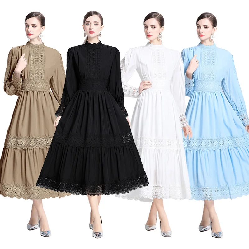 Elegant French-Style Long Dress with Heavy Industrial Design Patchwork Lace Hollow-Out Stand Collar Lantern Sleeves 2025
Elegant French-Style Long Dress with Heavy Industrial Design Patchwork Lace Hollow-Out Stand Collar Lantern Sleeves 2025