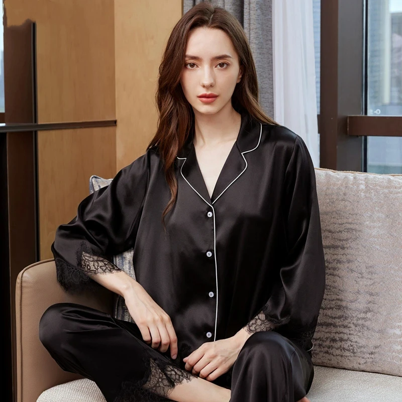 French Style Heavy Silk Pajamas Set for Women Lace Trim Long Sleeve Top & Pants 100% Mulberry Silk Cardigan Pajama Nightwear PJS
French Style Heavy Silk Pajamas Set for Women Lace Trim Long Sleeve Top & Pants 100% Mulberry Silk Cardigan Pajama Nightwear PJS