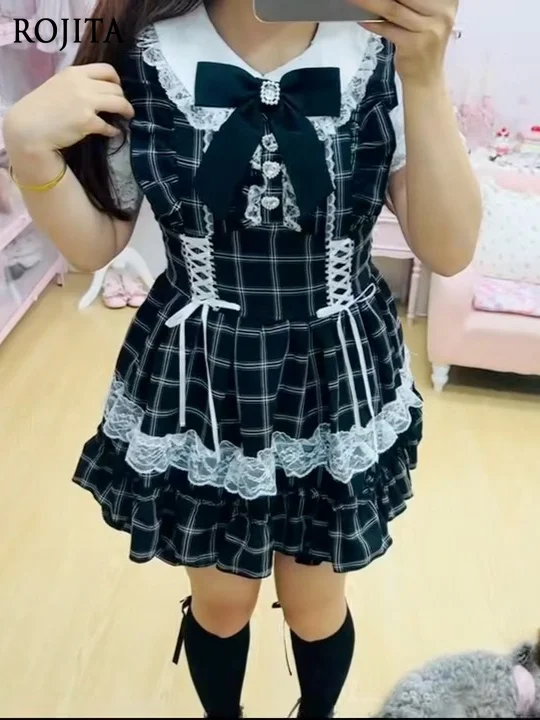 Japanese Sweet Cute Bow Short Sleeve Doll Collar Lace Fungus Lace Ribbon Slim Cake Lolita Plaid Dresses Shorts Suits Women
Japanese Sweet Cute Bow Short Sleeve Doll Collar Lace Fungus Lace Ribbon Slim Cake Lolita Plaid Dresses Shorts Suits Women