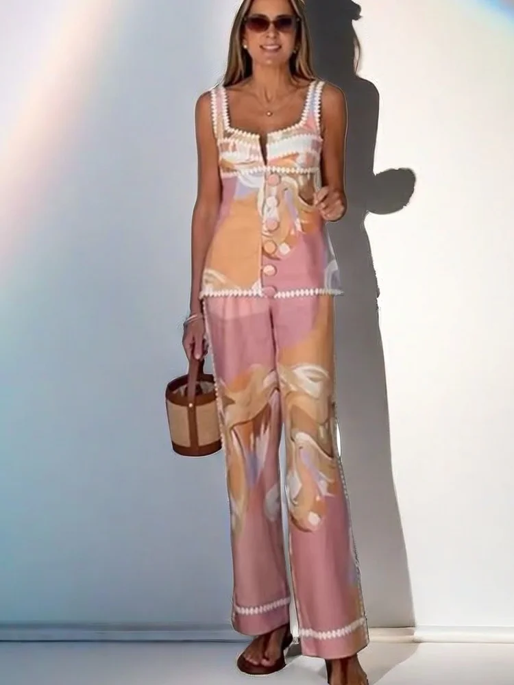 Pink Print Vestido Pants 2-piece Set Square Neck Sleeveless Skinny Single Breasted Tops Wide Leg Trousers New Chic Lady Outfits
Pink Print Vestido Pants 2-piece Set Square Neck Sleeveless Skinny Single Breasted Tops Wide Leg Trousers New Chic Lady Outfits