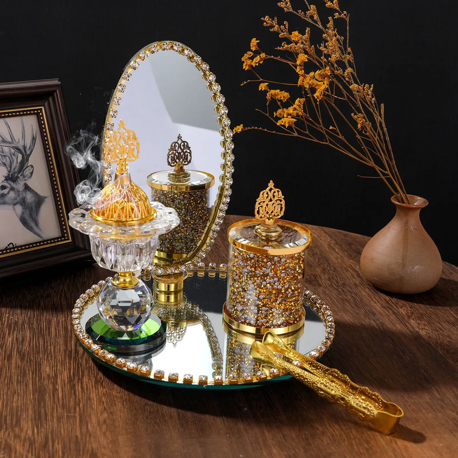 Mirror glass Arabic incense burner set golden Arabic living room ornaments glass incense burner burner
Mirror glass Arabic incense burner set golden Arabic living room ornaments glass incense burner burner