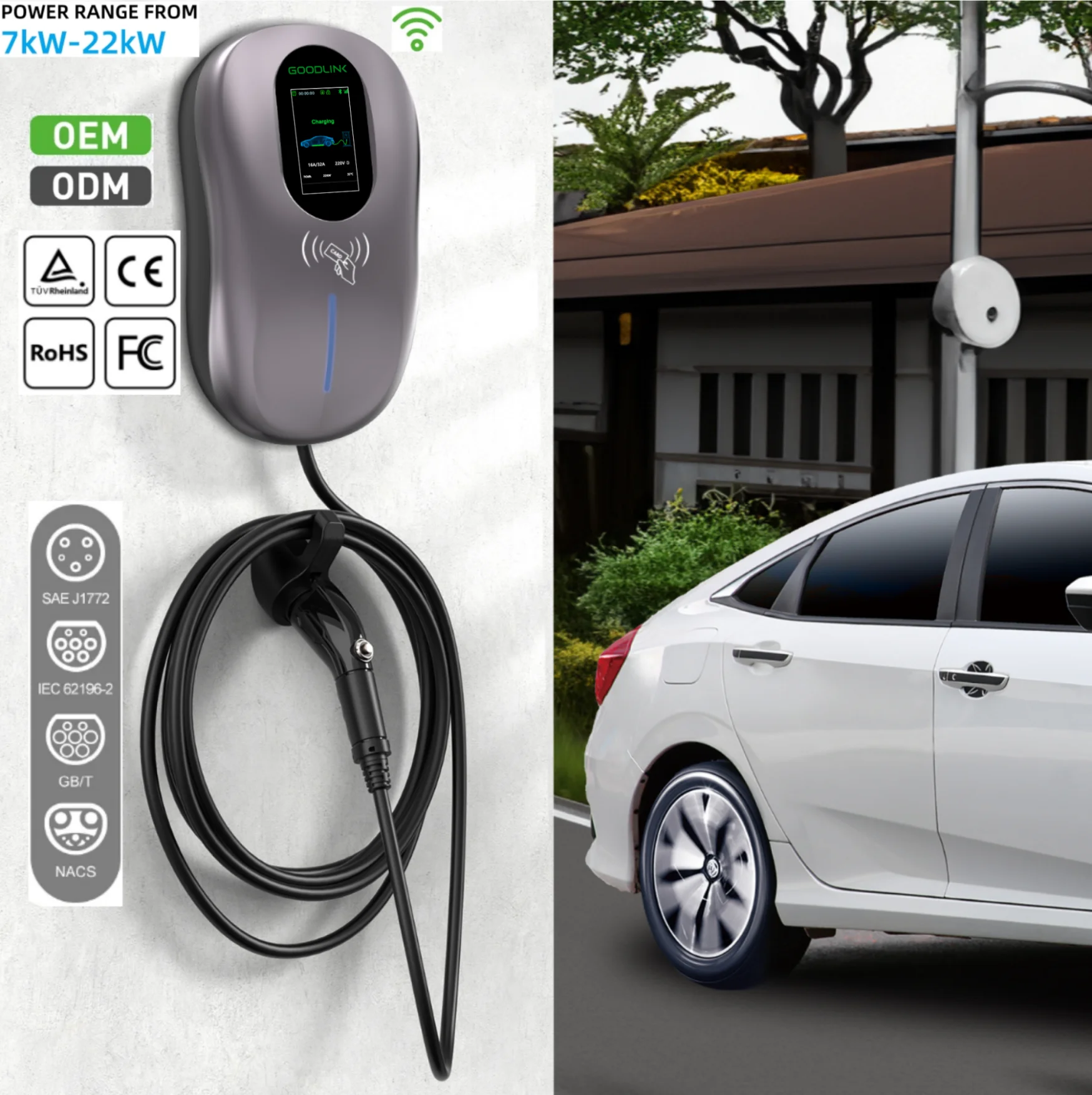 7-22kW Type 1/2/GB/T AC Wall-Mounted EV Charger, Smart Home Charging Station, Electric Vehicle Wall Box
7-22kW Type 1/2/GB/T AC Wall-Mounted EV Charger, Smart Home Charging Station, Electric Vehicle Wall Box