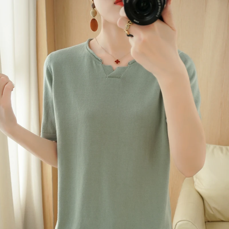Summer 100% pure cotton women's T-shirt casual solid color knitted Tees round neck short sleeved loose Jumper vest pullover tops
Summer 100% pure cotton women's T-shirt casual solid color knitted Tees round neck short sleeved loose Jumper vest pullover tops