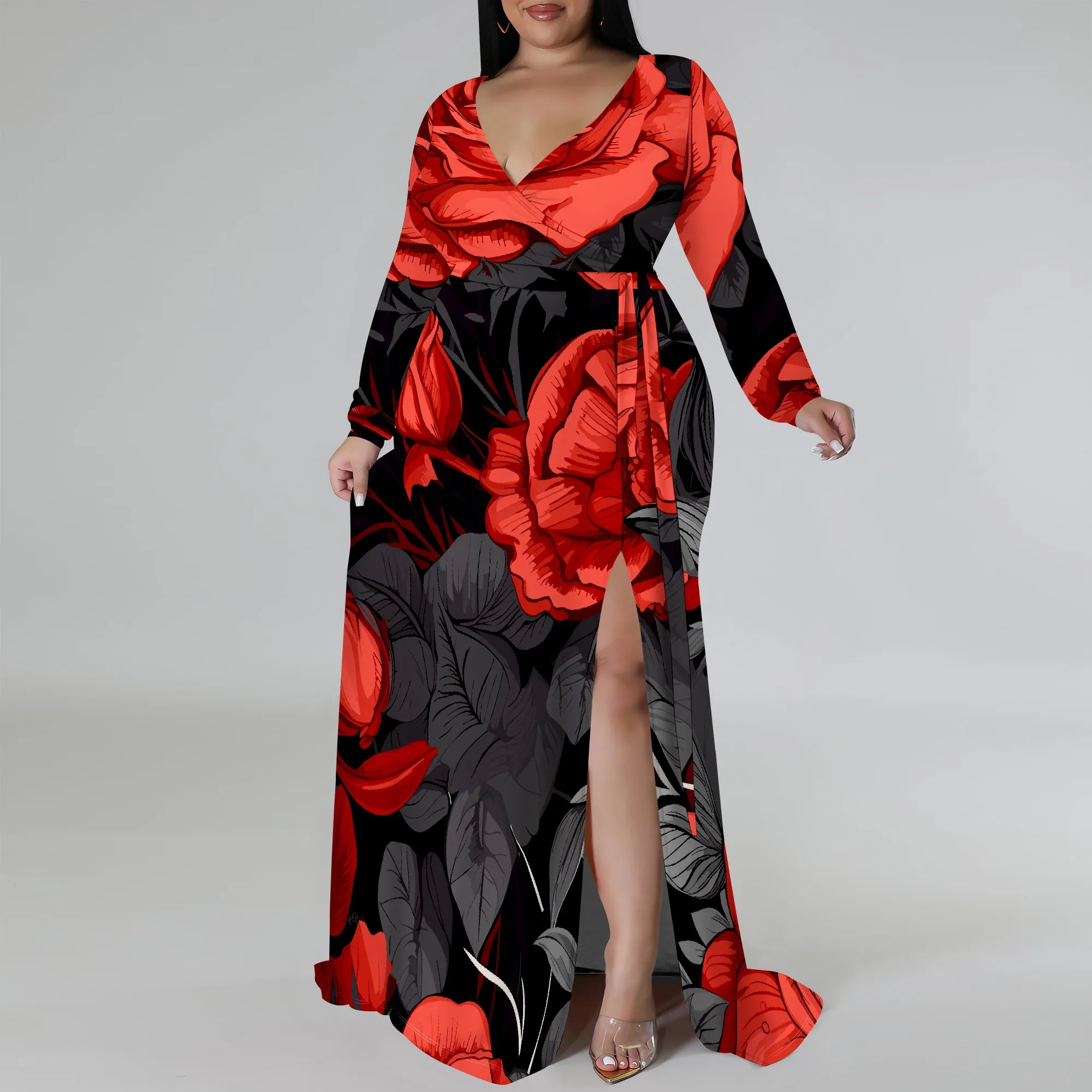 Plus Size Long Sleeve Red Floral Print Wrap Maxi Dress for Women, Bold Elegant Dress with Side Slit
Plus Size Long Sleeve Red Floral Print Wrap Maxi Dress for Women, Bold Elegant Dress with Side Slit