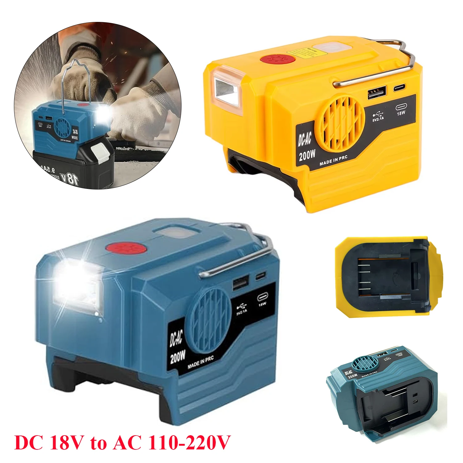 Инвертор мощности 200 Вт для батареи Makita & Disewalt 18 В, портативный источник питания переменного тока 220 В с розеткой переменного тока, портами USB и Type-C и светодиодной подсветкой 
Инвертор мощности 200 Вт для батареи Makita & Disewalt 18 В, портативный источник питания переменного тока 220 В с розеткой переменного тока, портами USB и Type-C и светодиодной подсветкой