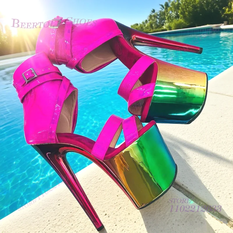 Rainbow Mirror Gloss Platform Heels Women Bright Fuchsia Peep Toe Sandals Ankle Buckle Wrap Zipper Pole Dance Shoes Open Hollow
Rainbow Mirror Gloss Platform Heels Women Bright Fuchsia Peep Toe Sandals Ankle Buckle Wrap Zipper Pole Dance Shoes Open Hollow