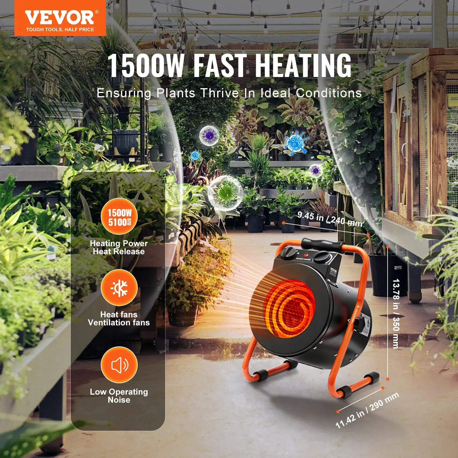 Greenhouse Heater With Thermostat, 1500W Fast Heating With Overheat Protection, 2-Speed Setting Small Grow Tent Heater,
Greenhouse Heater With Thermostat, 1500W Fast Heating With Overheat Protection, 2-Speed Setting Small Grow Tent Heater,