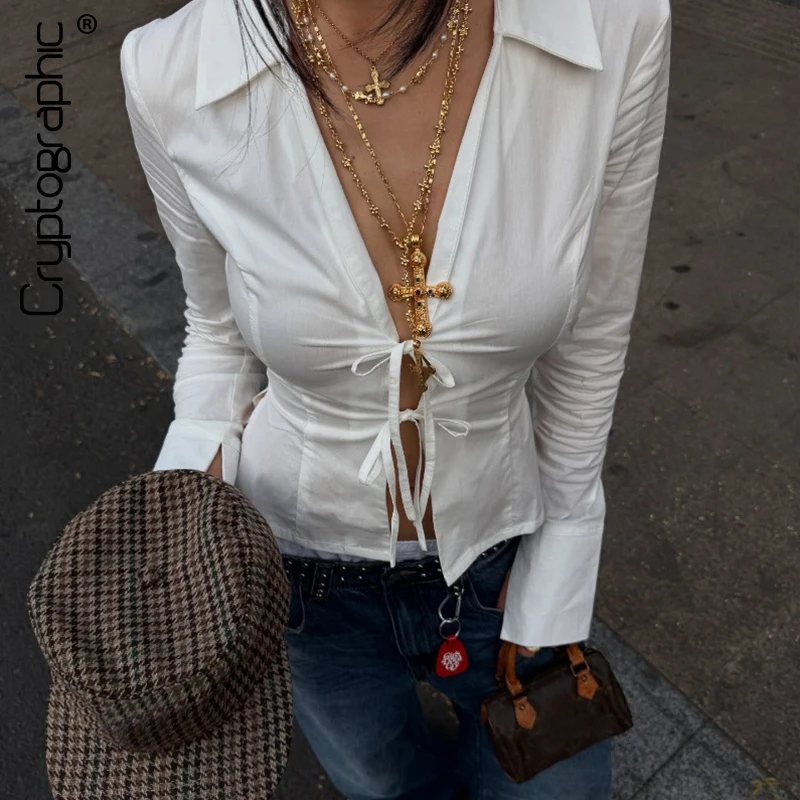 Cryptographic Retro Fashion White Tie Front Top Cardigans Outfits for Women Y2K V Neck Long Sleeve Tops Cropped Slim Clothes
Cryptographic Retro Fashion White Tie Front Top Cardigans Outfits for Women Y2K V Neck Long Sleeve Tops Cropped Slim Clothes