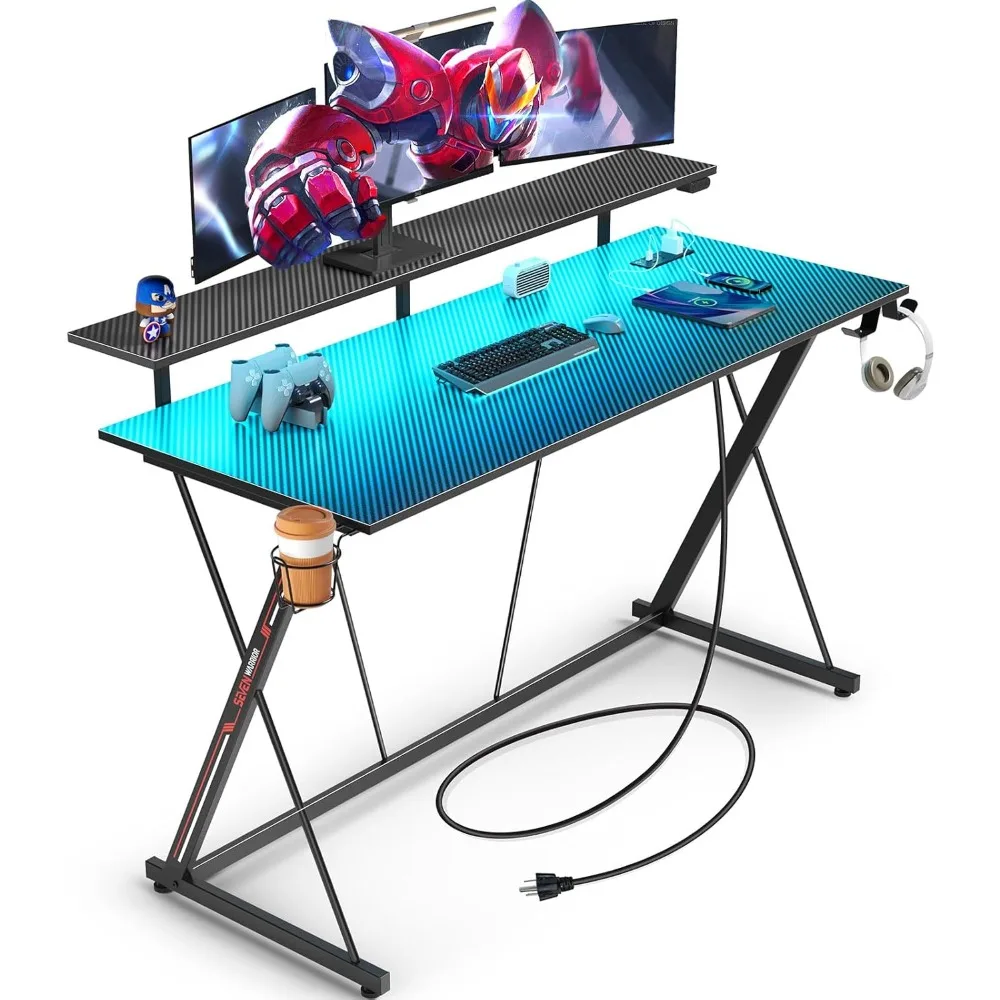 Z Shaped Gaming Desk with LED Lights & Power Outlets, 47" Computer Desk with Monitor Shelf, Home Office Desk with Cup Holder an 
Z Shaped Gaming Desk with LED Lights & Power Outlets, 47" Computer Desk with Monitor Shelf, Home Office Desk with Cup Holder an