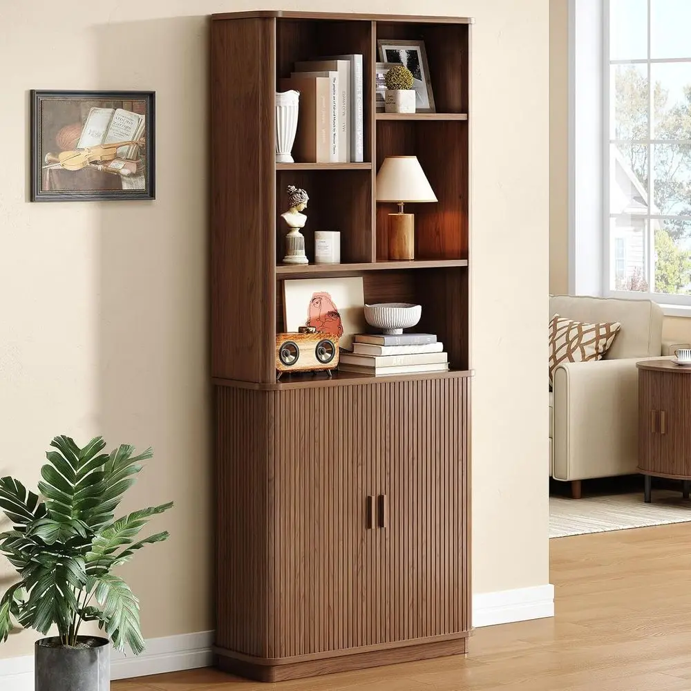 71 Tall Curved Shelf Bookcase with Storage Cabinet, Adjustable Shelves, Sliding Door, Walnut Finish
71 Tall Curved Shelf Bookcase with Storage Cabinet, Adjustable Shelves, Sliding Door, Walnut Finish