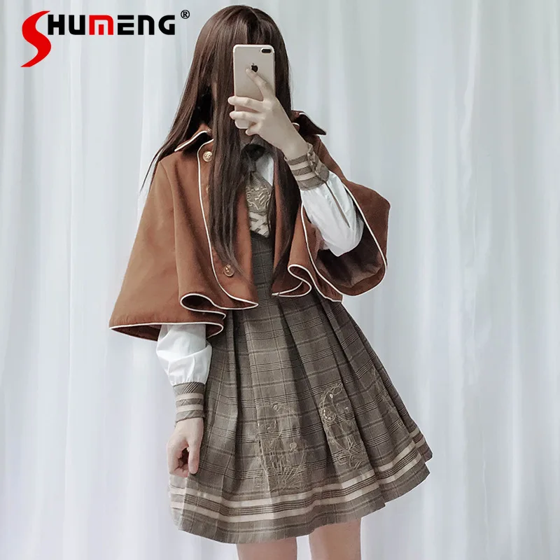 British Preppy Style Lolita Dress Cape Sets Polo Collar Double Breasted Short Cloak Long Sleeve A-line Dress Two-piece Set Women
British Preppy Style Lolita Dress Cape Sets Polo Collar Double Breasted Short Cloak Long Sleeve A-line Dress Two-piece Set Women
