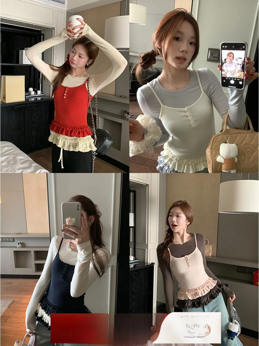 Slim Fit Long Sleeve Women's T-Shirt Set Double Layer Ruffle Color Block Spring Fashion Korean Style round Neck Top Bottom
Slim Fit Long Sleeve Women's T-Shirt Set Double Layer Ruffle Color Block Spring Fashion Korean Style round Neck Top Bottom