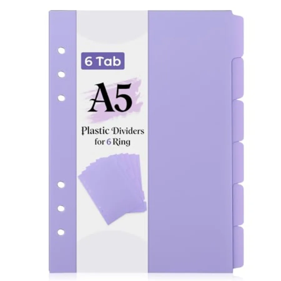 A5 Binder Dividers 6 Ring, 6 Pack Pastel Purple Plastic Tab Dividers, Tear-Resistant Separators with Insertable Labels for Aest
A5 Binder Dividers 6 Ring, 6 Pack Pastel Purple Plastic Tab Dividers, Tear-Resistant Separators with Insertable Labels for Aest