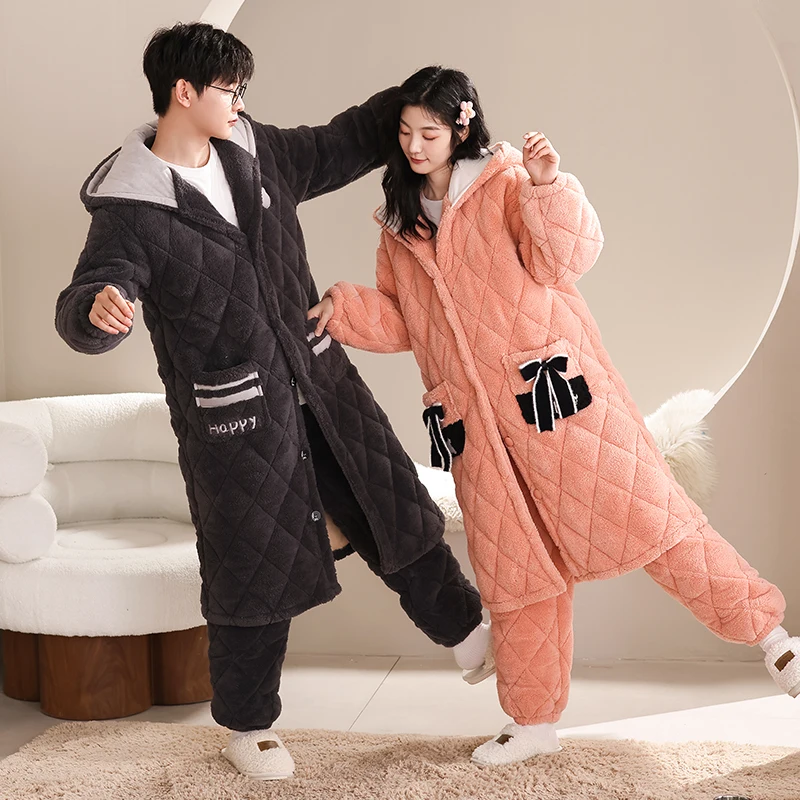 Winter Couple Hooded Pajamas Set Thick Warm 3 Layer Clip Cotton Pyjamas Casual Soft Women Sleepwear Men Homewear Clothing
Winter Couple Hooded Pajamas Set Thick Warm 3 Layer Clip Cotton Pyjamas Casual Soft Women Sleepwear Men Homewear Clothing