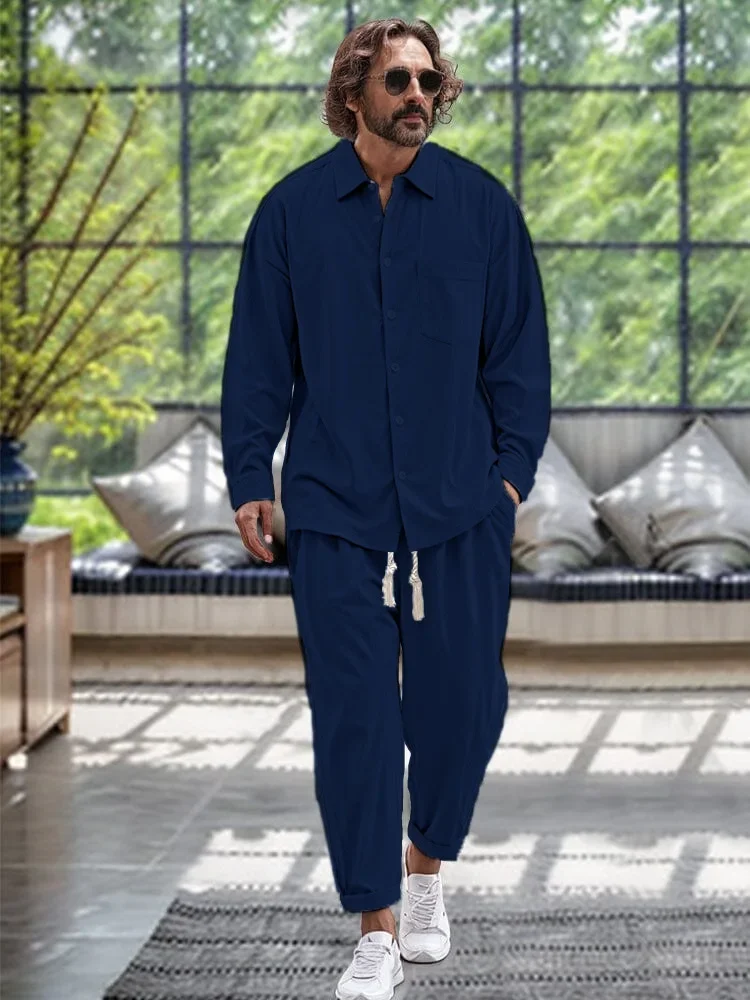 Spring and Autumn Men's Fashion Trend Quality Cotton Linen Shirt Casual Loose Solid Color Lapel Long Sleeve Trousers Two Sets
Spring and Autumn Men's Fashion Trend Quality Cotton Linen Shirt Casual Loose Solid Color Lapel Long Sleeve Trousers Two Sets