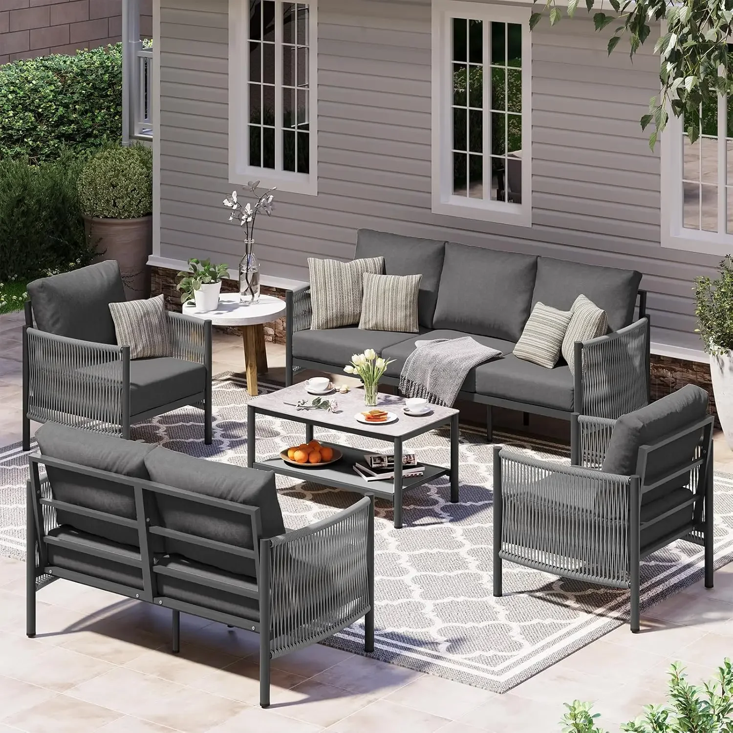 Aluminum 5 Piece Patio Furniture Set Dual Layer Coffee Table PE Rope Thick Cushions Balcony Deck Charcoal, Custom
Aluminum 5 Piece Patio Furniture Set Dual Layer Coffee Table PE Rope Thick Cushions Balcony Deck Charcoal, Custom