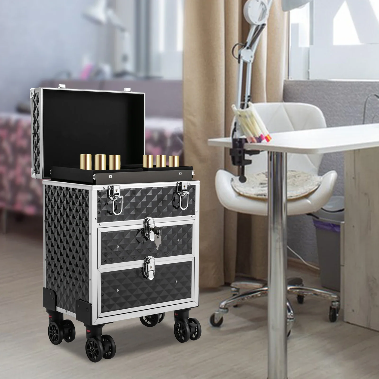 3 Tiers Cosmetic Organizer with Sliding Drawers,Professional Rolling Makeup Case,Black Makeup Case with 360° Rotatable Wheels
3 Tiers Cosmetic Organizer with Sliding Drawers,Professional Rolling Makeup Case,Black Makeup Case with 360° Rotatable Wheels