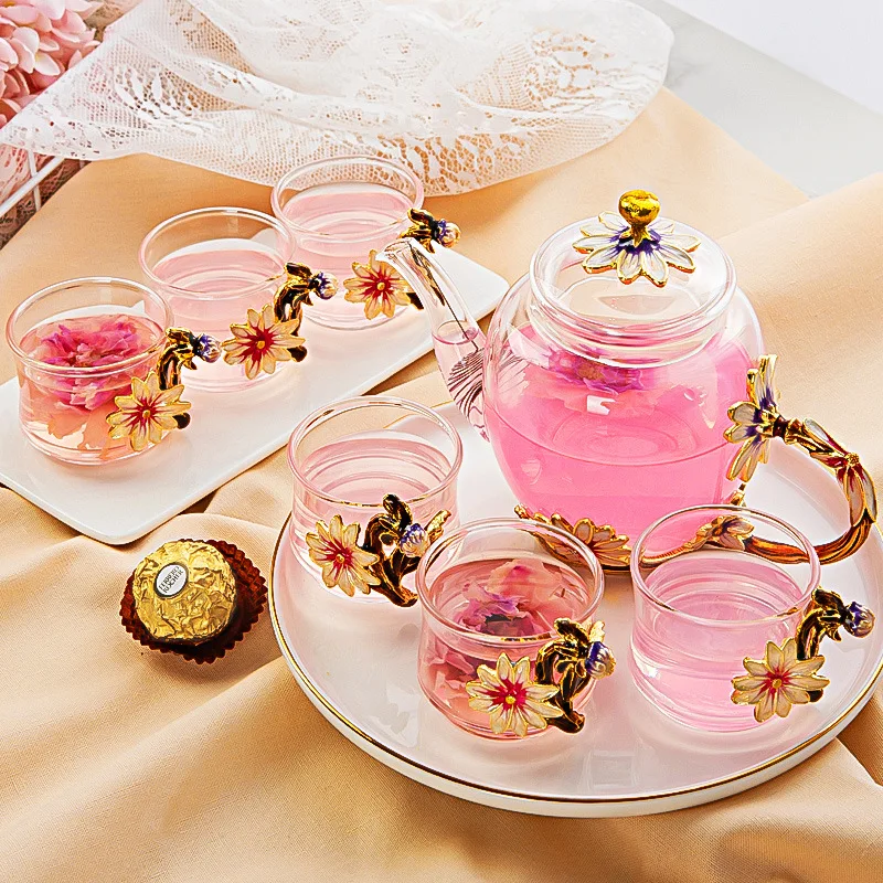 Light luxury teapot enamel colored tea cup set tea set flower tea pot glass high aesthetic value cold water kettle
Light luxury teapot enamel colored tea cup set tea set flower tea pot glass high aesthetic value cold water kettle