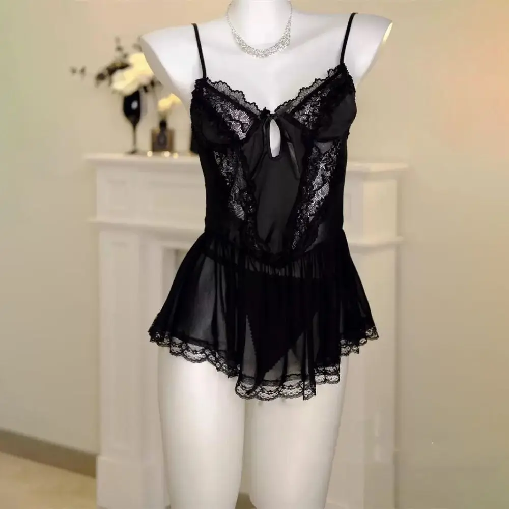 Comfortable Bowknot Lace Nightgown Transparent Women Lingerie Sling Nightwear Sweet Hollow Lace Mesh Nightdress Home 
Comfortable Bowknot Lace Nightgown Transparent Women Lingerie Sling Nightwear Sweet Hollow Lace Mesh Nightdress Home
