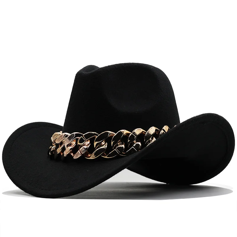 Luxury Men Women Western Cowboy Hat With gold chain Wide Brim Hat Pop Jazz Hat Winter Wool Hat Size 56-58CM
Luxury Men Women Western Cowboy Hat With gold chain Wide Brim Hat Pop Jazz Hat Winter Wool Hat Size 56-58CM