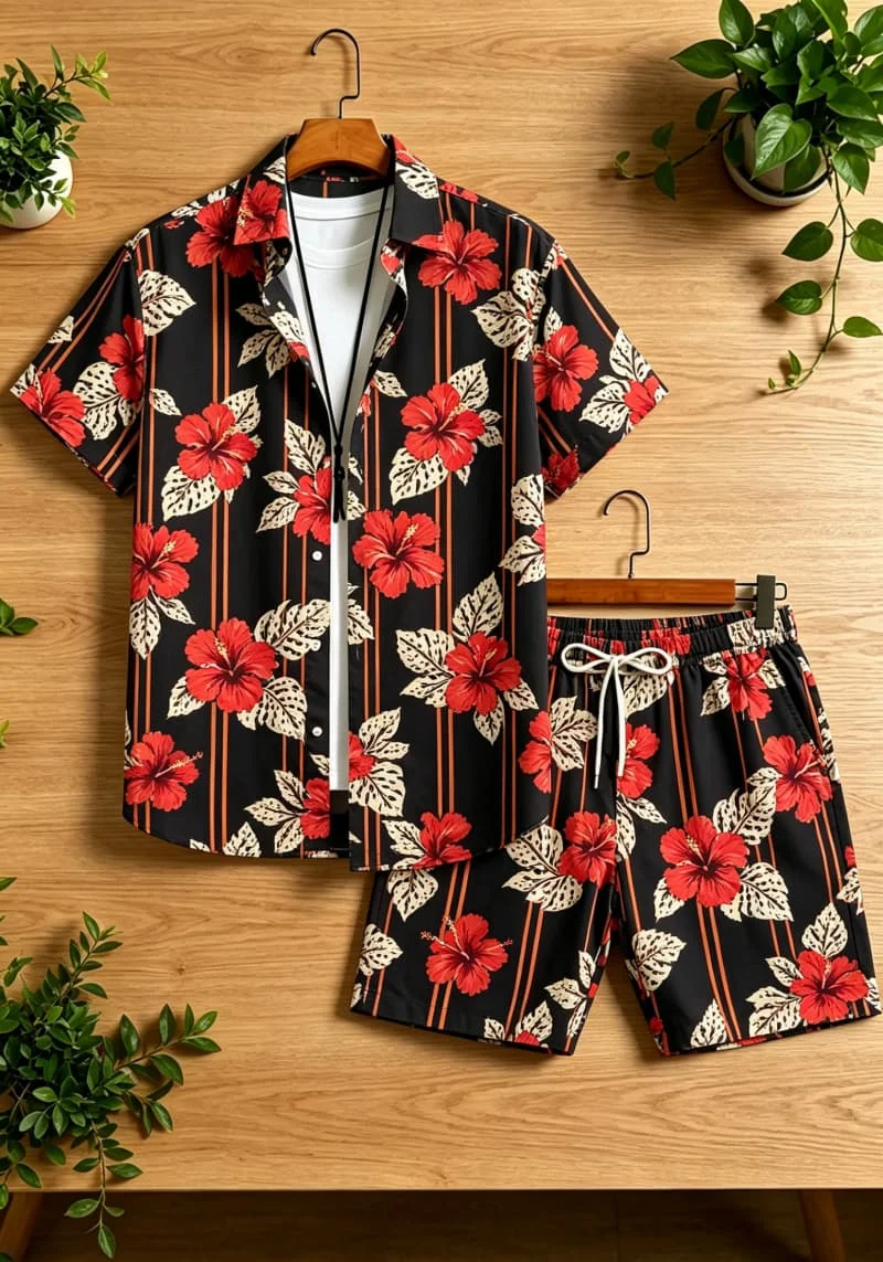 Men's tropical floral striped printed short sleeved shirt and shorts set, suitable for summer leisure and beach vacation
Men's tropical floral striped printed short sleeved shirt and shorts set, suitable for summer leisure and beach vacation