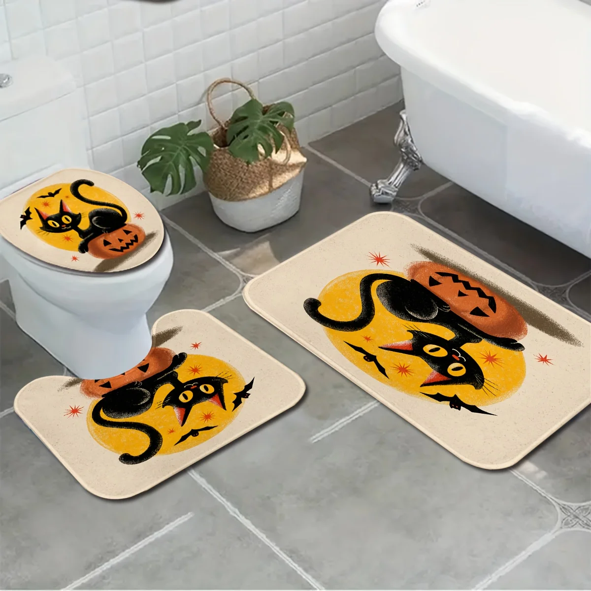3pcs Halloween Black Cat Bathroom Set - Non-Slip Floor Mat Toilet Cover with Adorable Kitty Design, Soft Flannel, Machine Washab
3pcs Halloween Black Cat Bathroom Set - Non-Slip Floor Mat Toilet Cover with Adorable Kitty Design, Soft Flannel, Machine Washab