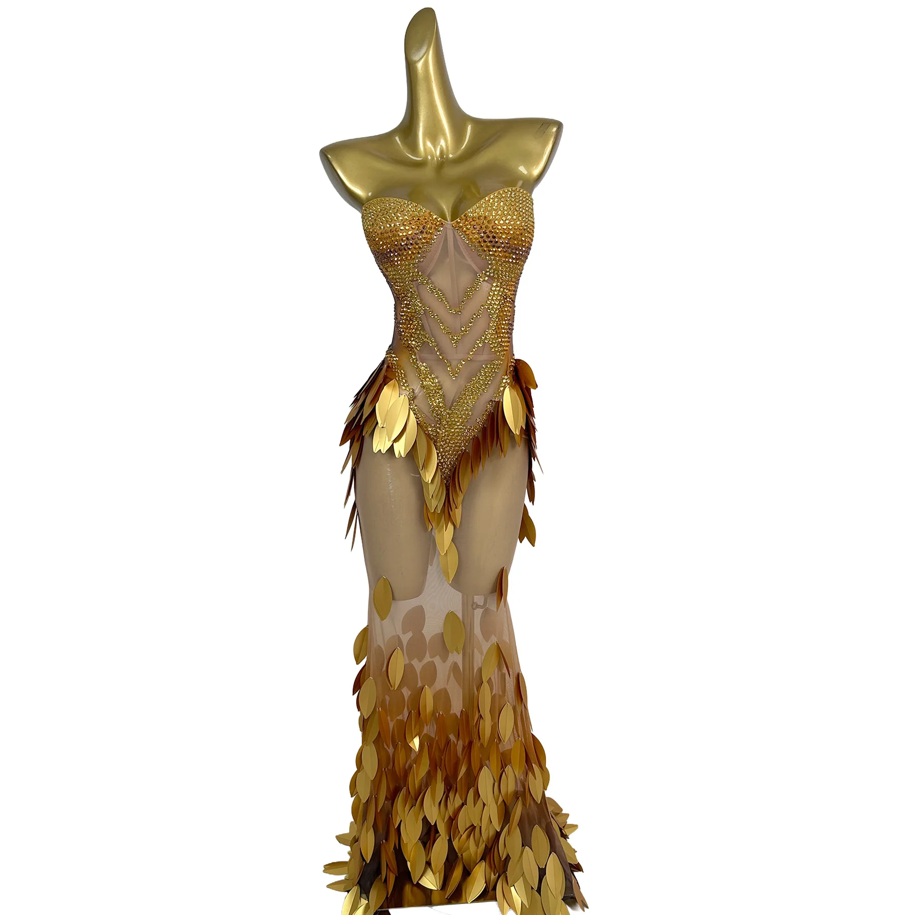 Yuanbao Elegant Gold Rhinestone Leaf Sheer Mesh Strapless Bodycon Maxi Dress Stage Show Latin Dance Costume for Women
Yuanbao Elegant Gold Rhinestone Leaf Sheer Mesh Strapless Bodycon Maxi Dress Stage Show Latin Dance Costume for Women