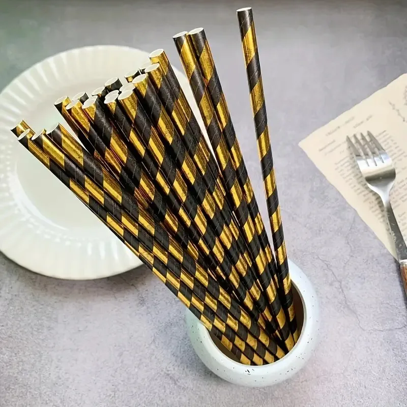 disposable paper straws with black and gold stripes are suitable for restaurants, cafes, bakeries, bars, pubs and buffets
disposable paper straws with black and gold stripes are suitable for restaurants, cafes, bakeries, bars, pubs and buffets