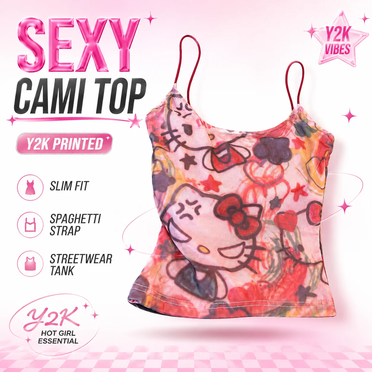 Sanrio Hello Kitty Summer Skinny Sexy Y2K Streetwear Tank Top Beach Vacation Matching Cartoon Print Crop Cami Top Sleeveless Top
Sanrio Hello Kitty Summer Skinny Sexy Y2K Streetwear Tank Top Beach Vacation Matching Cartoon Print Crop Cami Top Sleeveless Top