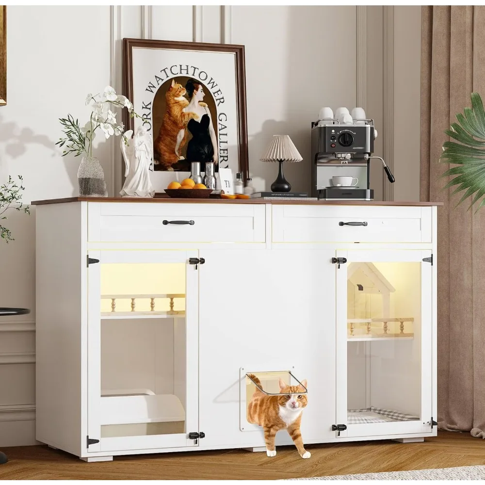 Enclosed Cat Litter Box Enclosure,Hidden Kitty Litter Furniture with 2 Large Drawers,2 Glass Doors, LED Light and Cat Scratching
Enclosed Cat Litter Box Enclosure,Hidden Kitty Litter Furniture with 2 Large Drawers,2 Glass Doors, LED Light and Cat Scratching