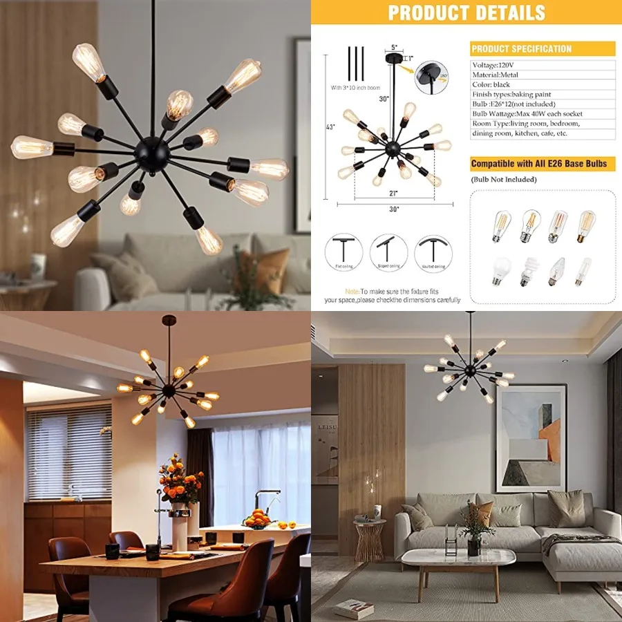 Sputnik Chandeliers, Modern 12-Light Farmhouse Pendant Light Mid Century Lighting Vintage Industrial Ceiling Hanging for Living
Sputnik Chandeliers, Modern 12-Light Farmhouse Pendant Light Mid Century Lighting Vintage Industrial Ceiling Hanging for Living