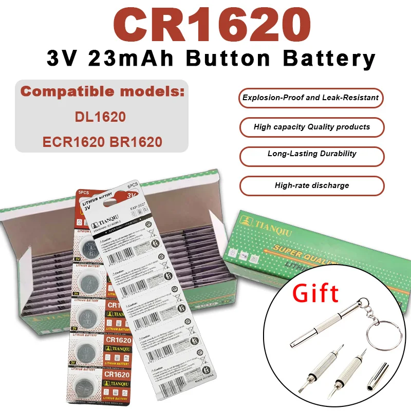 CR1620 3V Lithium Button Coin Cell Battery DL1620 BR1620 for Watch Car Remote Control Calculator Electronic Devices
CR1620 3V Lithium Button Coin Cell Battery DL1620 BR1620 for Watch Car Remote Control Calculator Electronic Devices