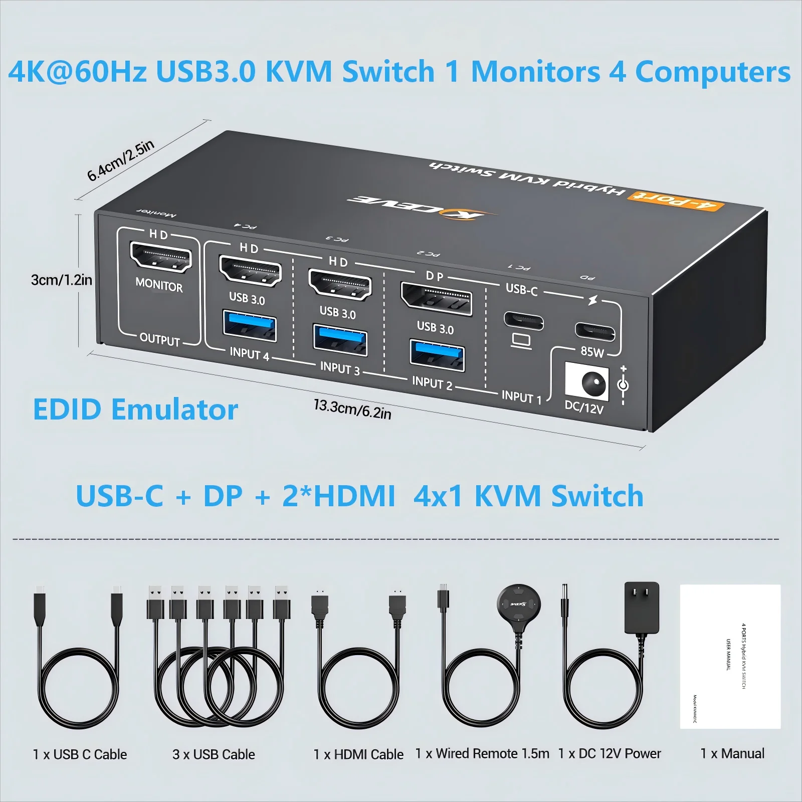 4K@60Hz KVM Switch 1 Monitors 4 Computers USB-C HDMI DP, EDID Emulator,USB 3.0 KVM Switch 4 Port for 4 PC Share Keyboard Mouse
4K@60Hz KVM Switch 1 Monitors 4 Computers USB-C HDMI DP, EDID Emulator,USB 3.0 KVM Switch 4 Port for 4 PC Share Keyboard Mouse