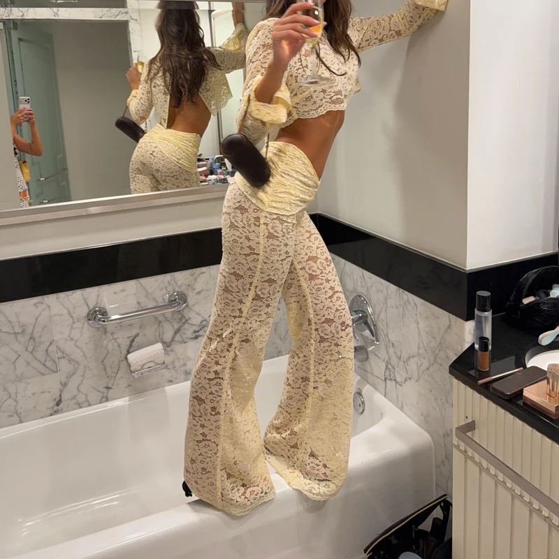 Elegant O-neck Long Sleeve Top & Pant Suit Women Sexy Lace Embroidery Slim Long Pant Outfits Fashion Hight Waist Solid Color Set
Elegant O-neck Long Sleeve Top & Pant Suit Women Sexy Lace Embroidery Slim Long Pant Outfits Fashion Hight Waist Solid Color Set