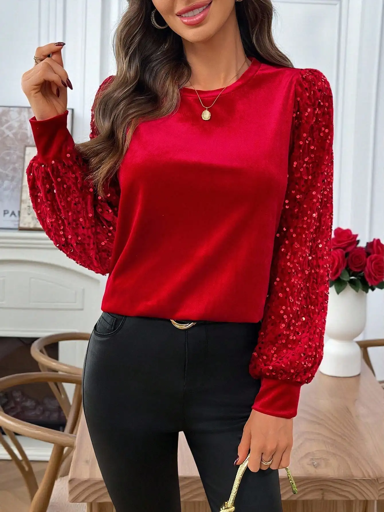 Red Velvet Long Sleeve Top with Sequin Puff Sleeves, Crew Neck, Sparkly Holiday Wear
Red Velvet Long Sleeve Top with Sequin Puff Sleeves, Crew Neck, Sparkly Holiday Wear